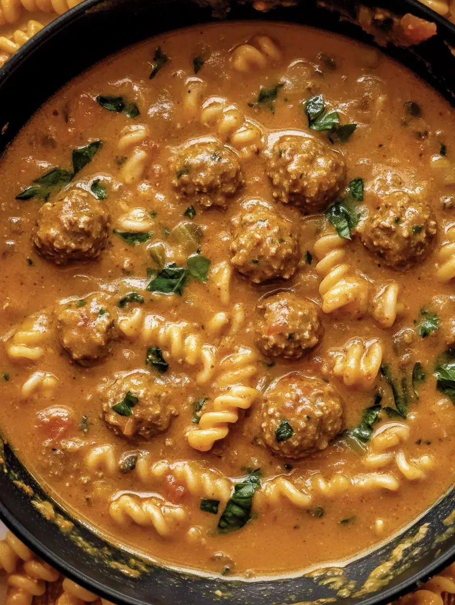 A close-up of a bowl filled with pasta, meatballs, and a creamy sauce garnished with green herbs.