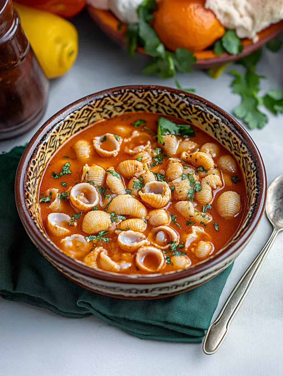 A bowl of pasta shells in a rich tomato broth, garnished with chopped cilantro, sits on a green cloth, with colorful peppers and bread in the background.