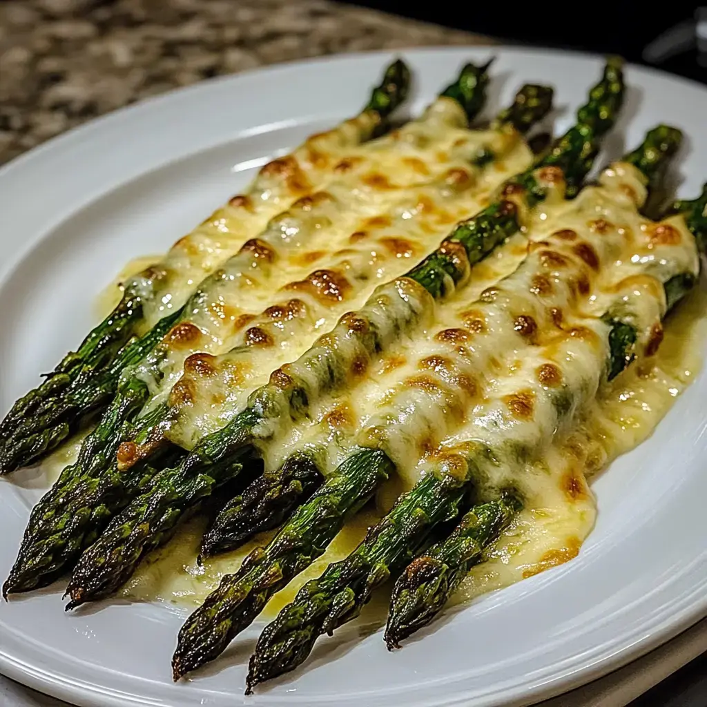 A plate of oven-baked asparagus topped with melted cheese and golden-brown bubbles.