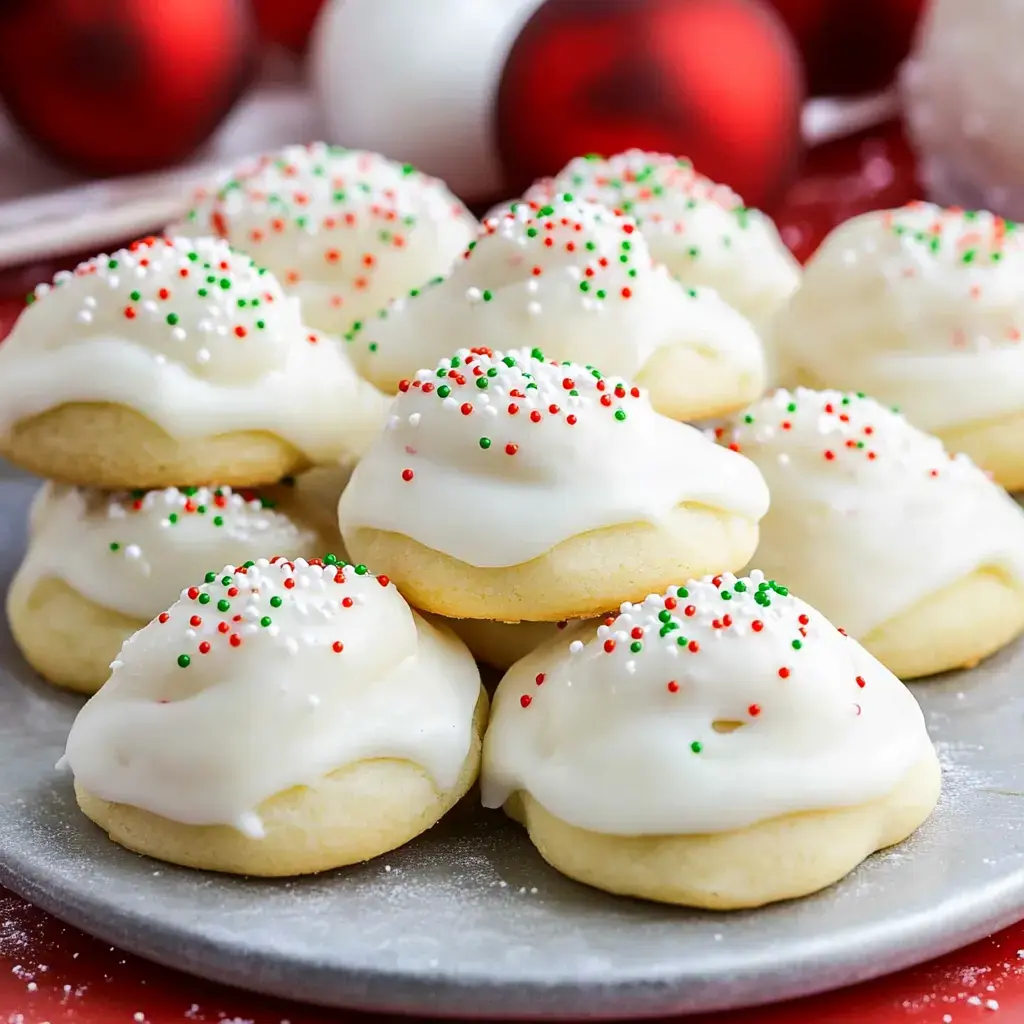 A plate of festive cookies topped with white icing and colorful sprinkles, arranged against a seasonal background.