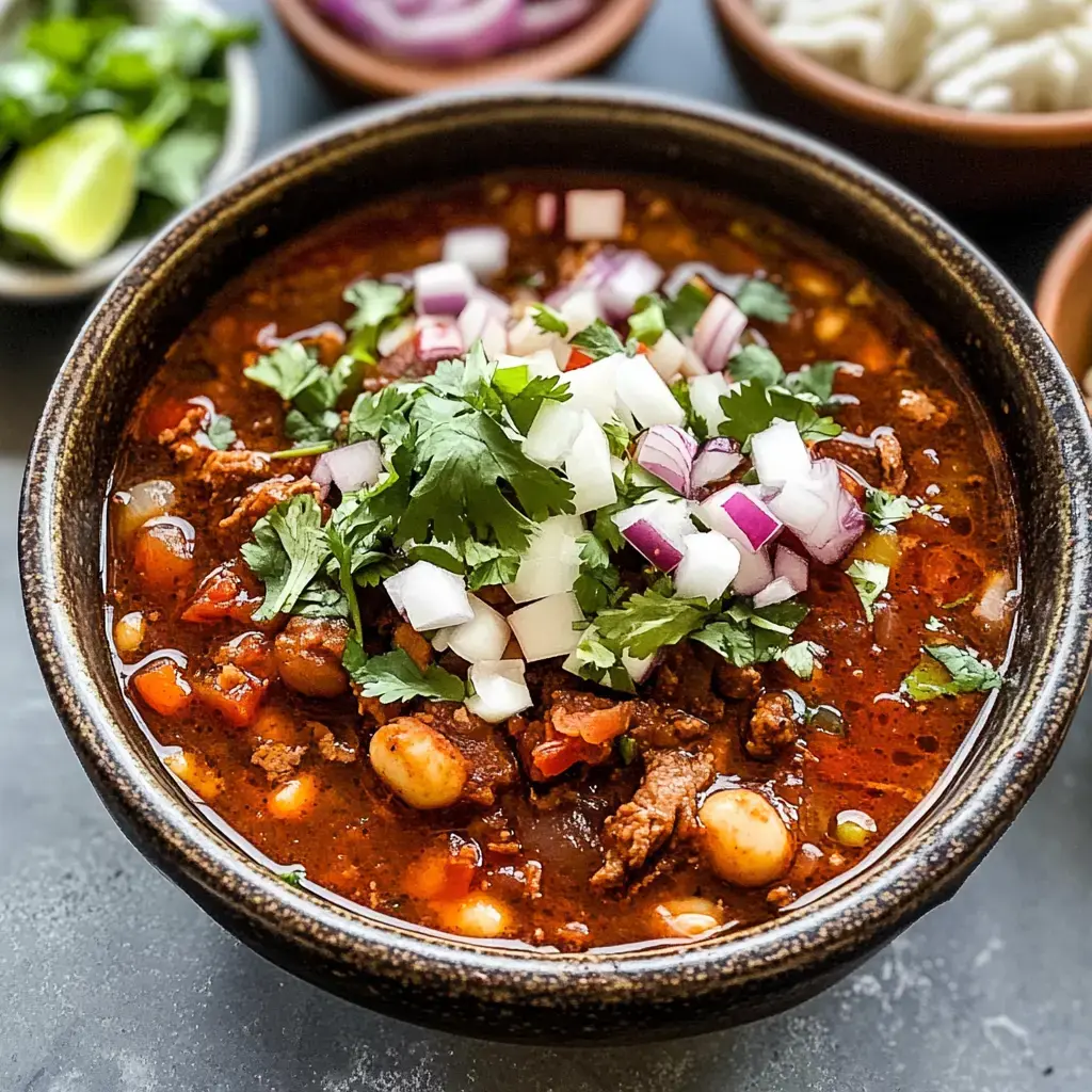 A bowl of chili topped with fresh cilantro, diced onions, and red peppers, surrounded by bowls of cilantro, lime, and rice.