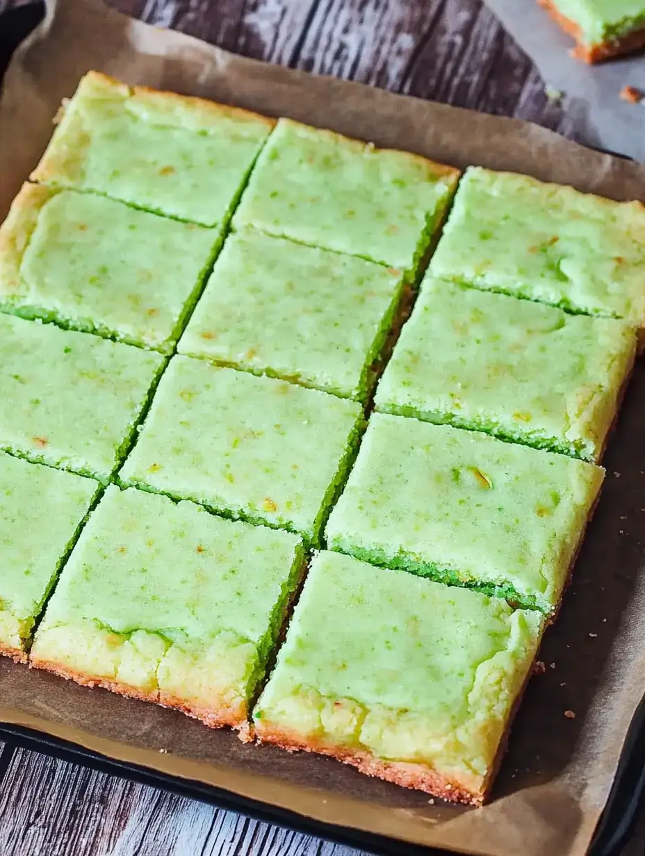 A tray of square-cut green dessert bars with a golden crust, arranged neatly on parchment paper.