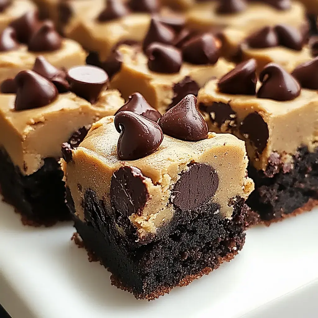 A close-up of rich chocolate brownies topped with a layer of cookie dough frosting and sprinkled with chocolate chips.