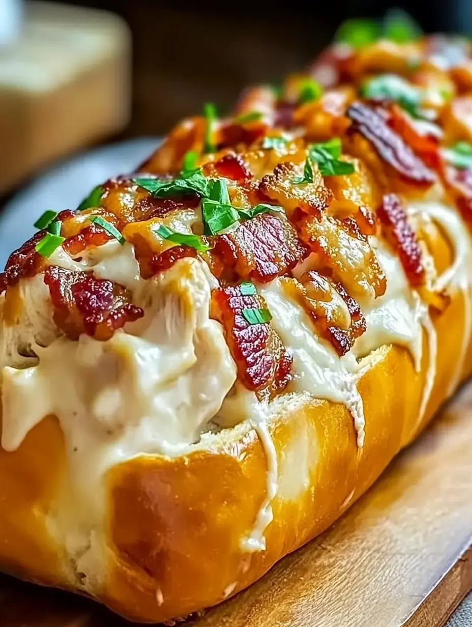 A close-up of a loaded bread roll topped with melted cheese, bacon bits, and chopped green herbs, served on a wooden board.