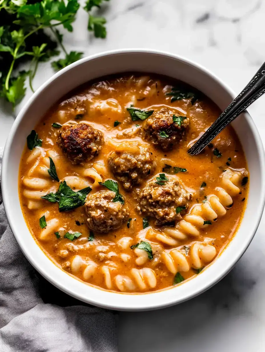 A bowl of creamy pasta soup with meatballs, garnished with parsley.