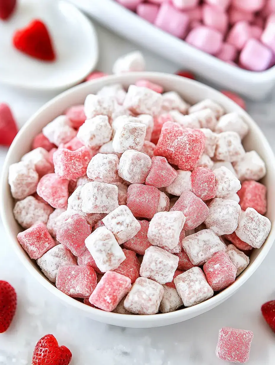 A bowl filled with pink and white powdered candy cubes is surrounded by small strawberry pieces.