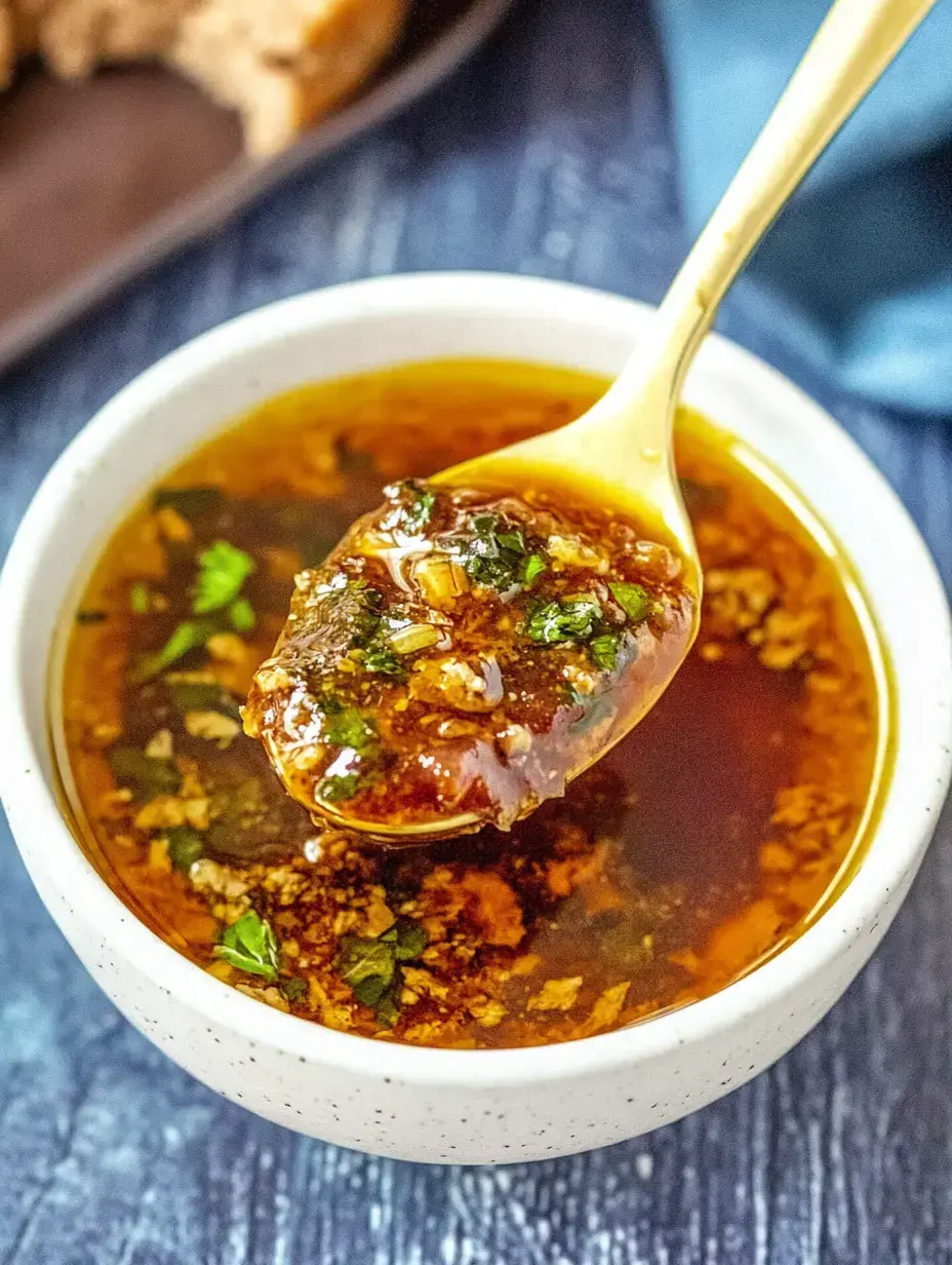 A golden-brown sauce with herbs is being scooped out of a small bowl with a golden spoon.