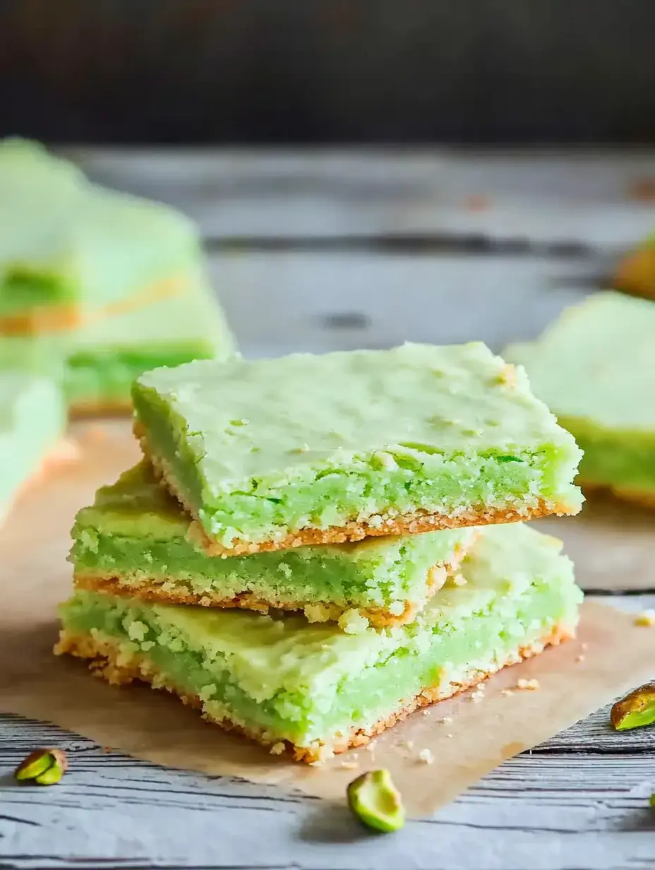 A stack of green pistachio bars is placed on a piece of parchment paper, with some crushed pistachios scattered nearby.