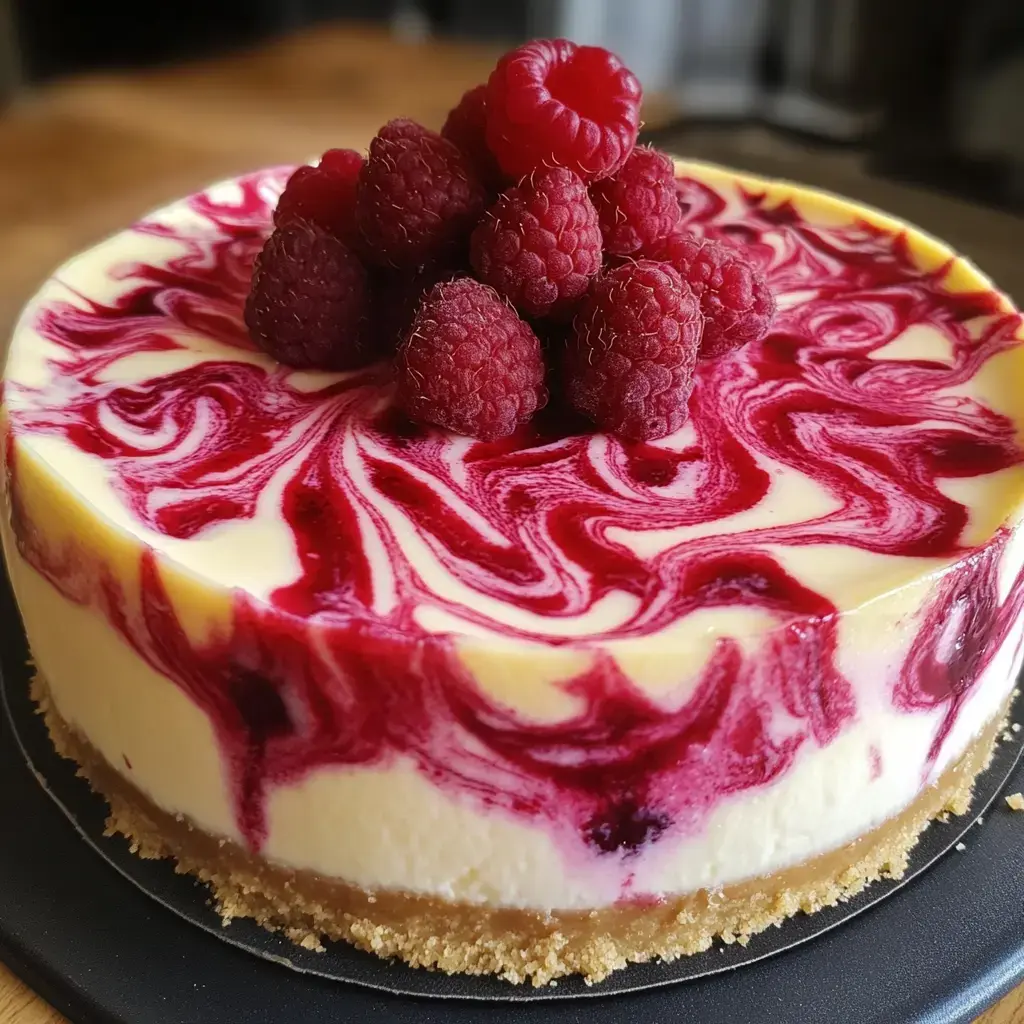 A beautifully swirled raspberry cheesecake topped with fresh raspberries sits on a black plate.