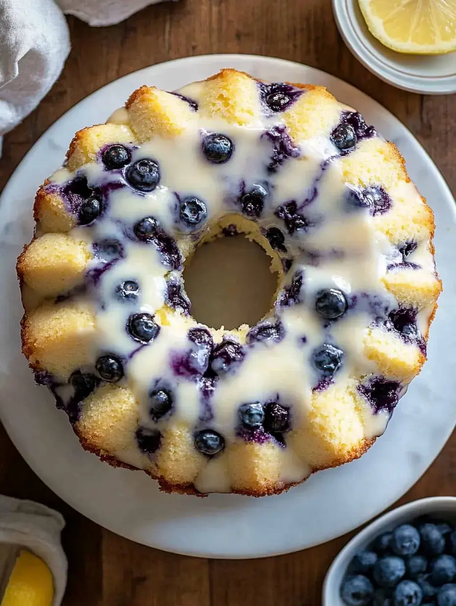 A moist blueberry bundt cake drizzled with a creamy glaze sits on a white plate, accompanied by fresh blueberries and a lemon slice.