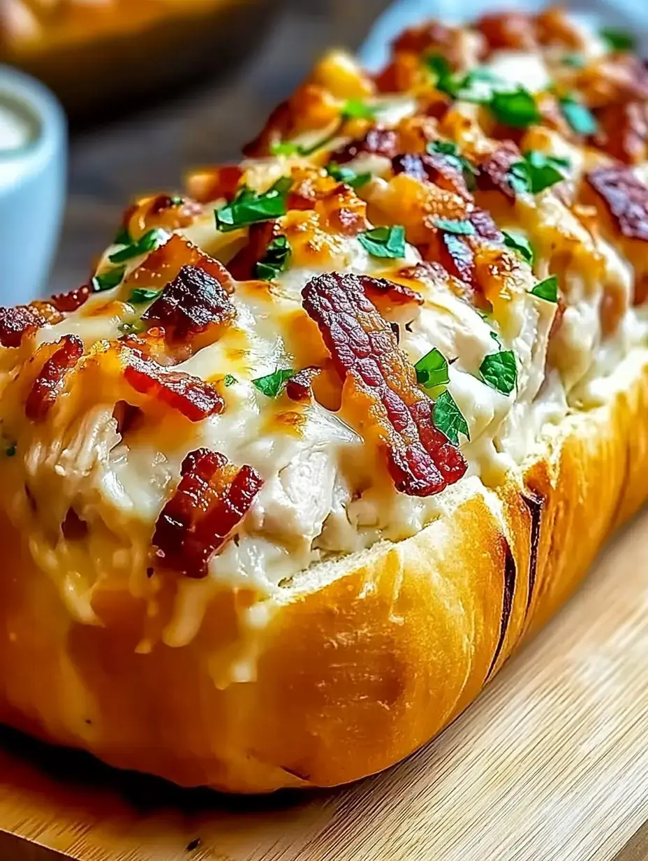 A golden-brown bread roll topped with melted cheese, diced chicken, crispy bacon, and green herbs, presented on a wooden board.