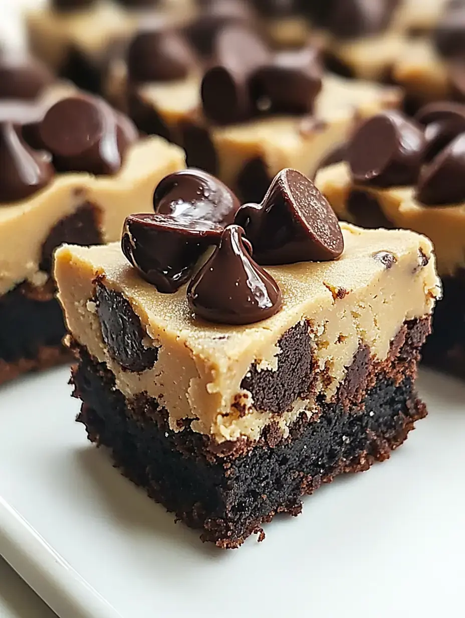 A close-up of a chocolate chip cookie dough brownie, topped with chocolate chips, showcasing its layered brownie and cookie dough texture.