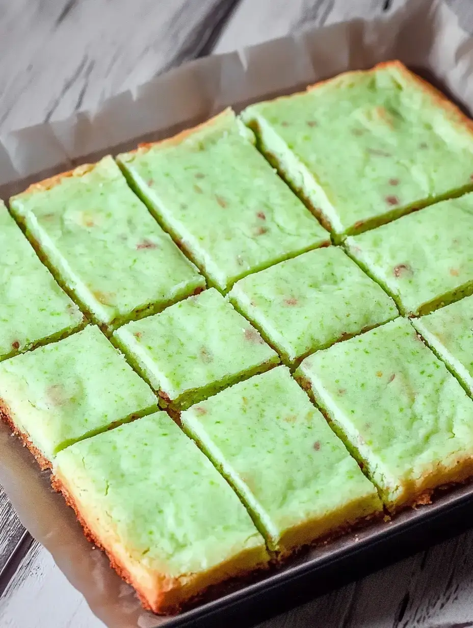 A rectangular tray of green-colored dessert bars cut into equal squares.