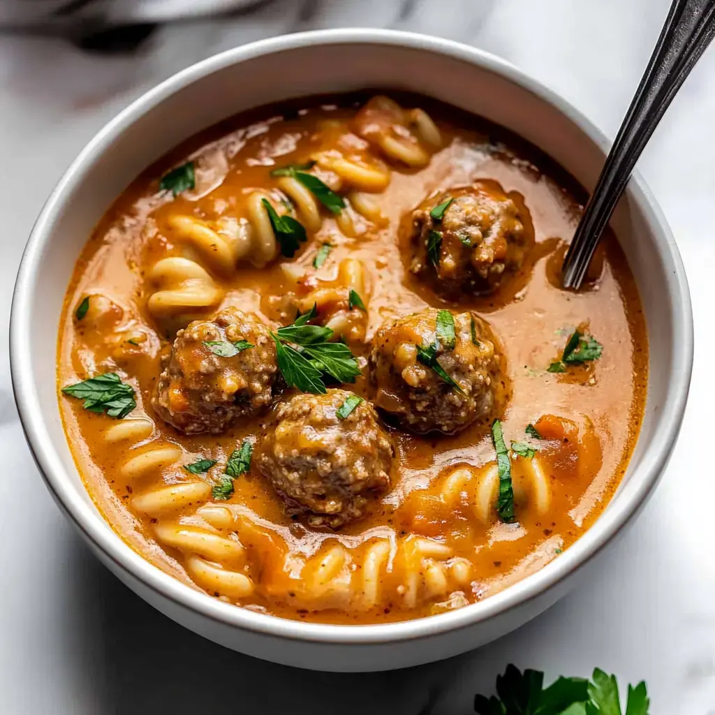 A bowl of hearty meatball and pasta soup garnished with fresh parsley.