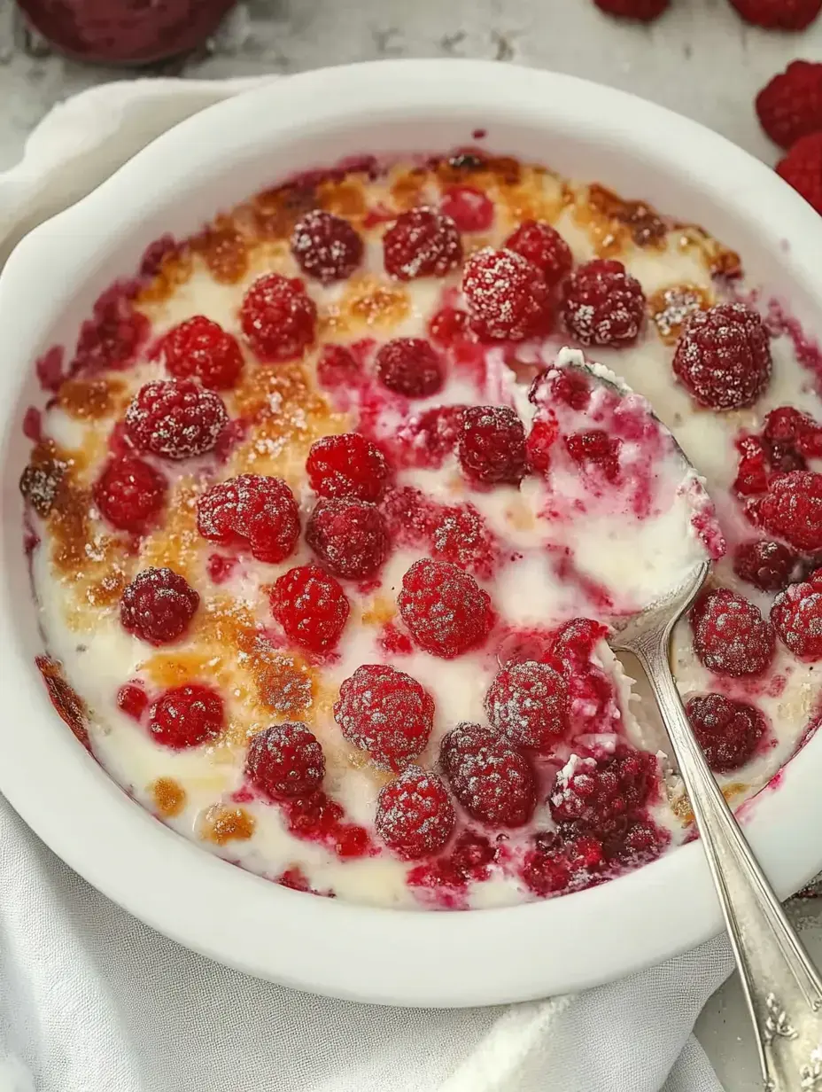 A creamy dessert topped with fresh raspberries, served in a white dish with a spoon beside it.