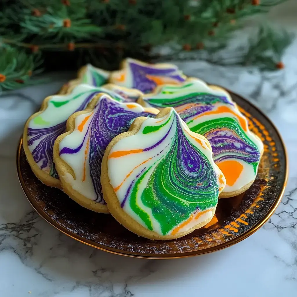 A plate of colorful, swirled frosted cookies in purple, green, and orange designs is displayed on a marble surface.