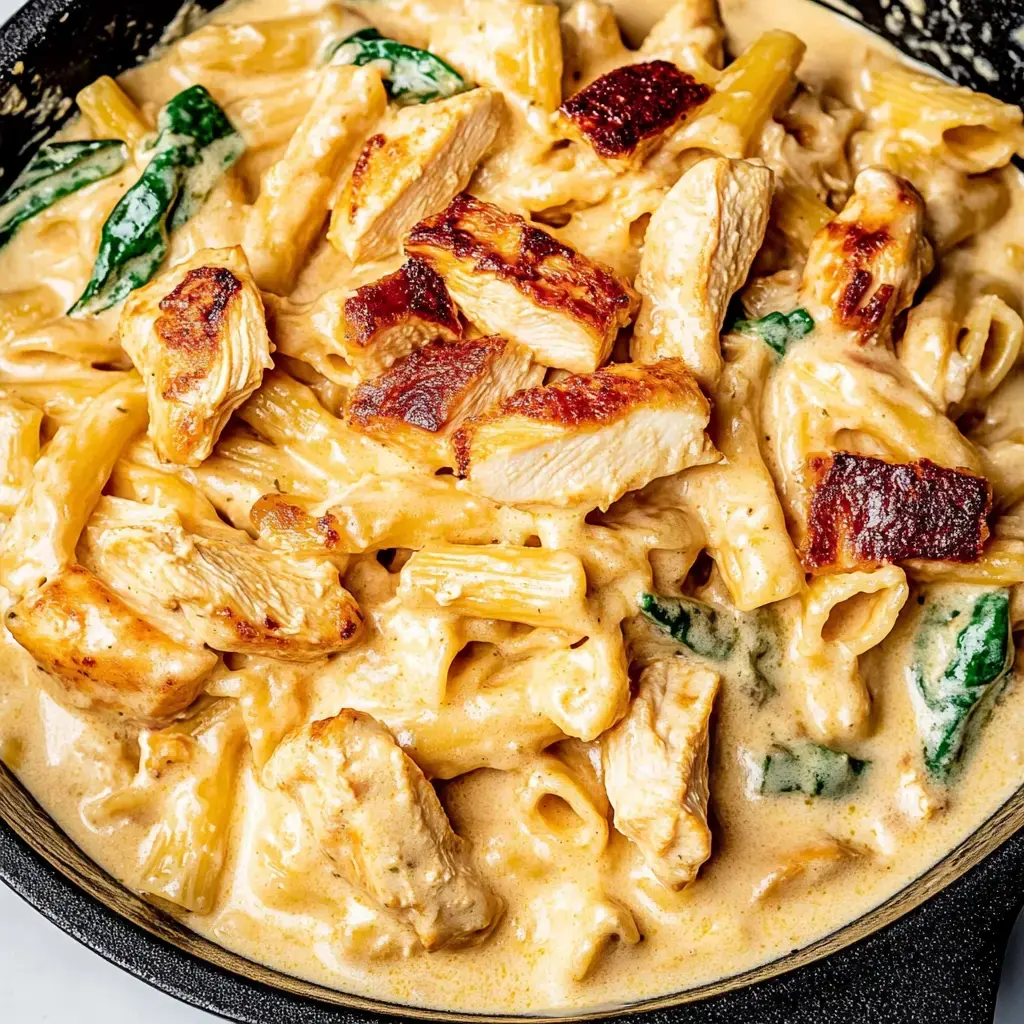 A creamy pasta dish with grilled chicken, spinach, and rigatoni in a rich sauce.