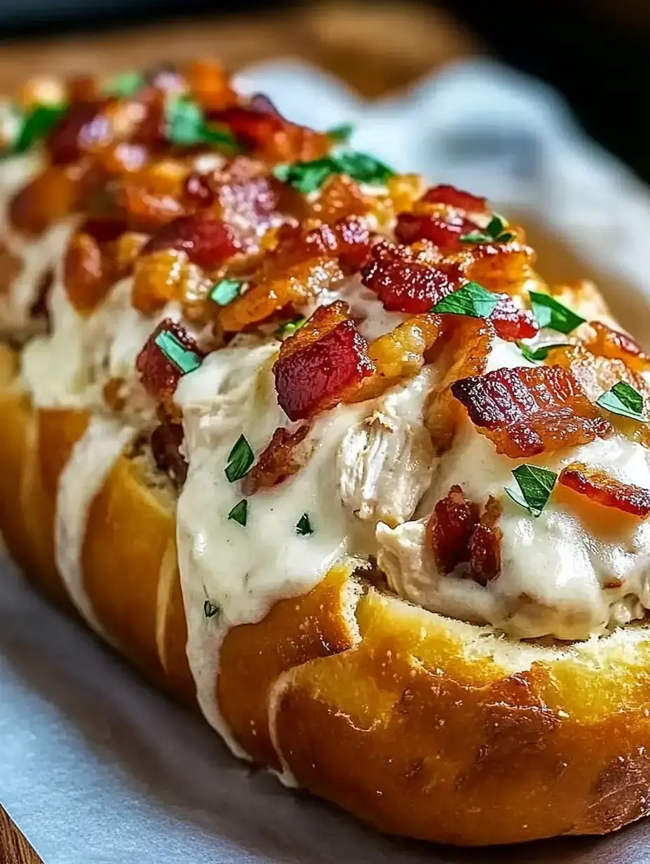 A loaded bread roll topped with creamy sauce, crispy bacon bits, and chopped herbs.