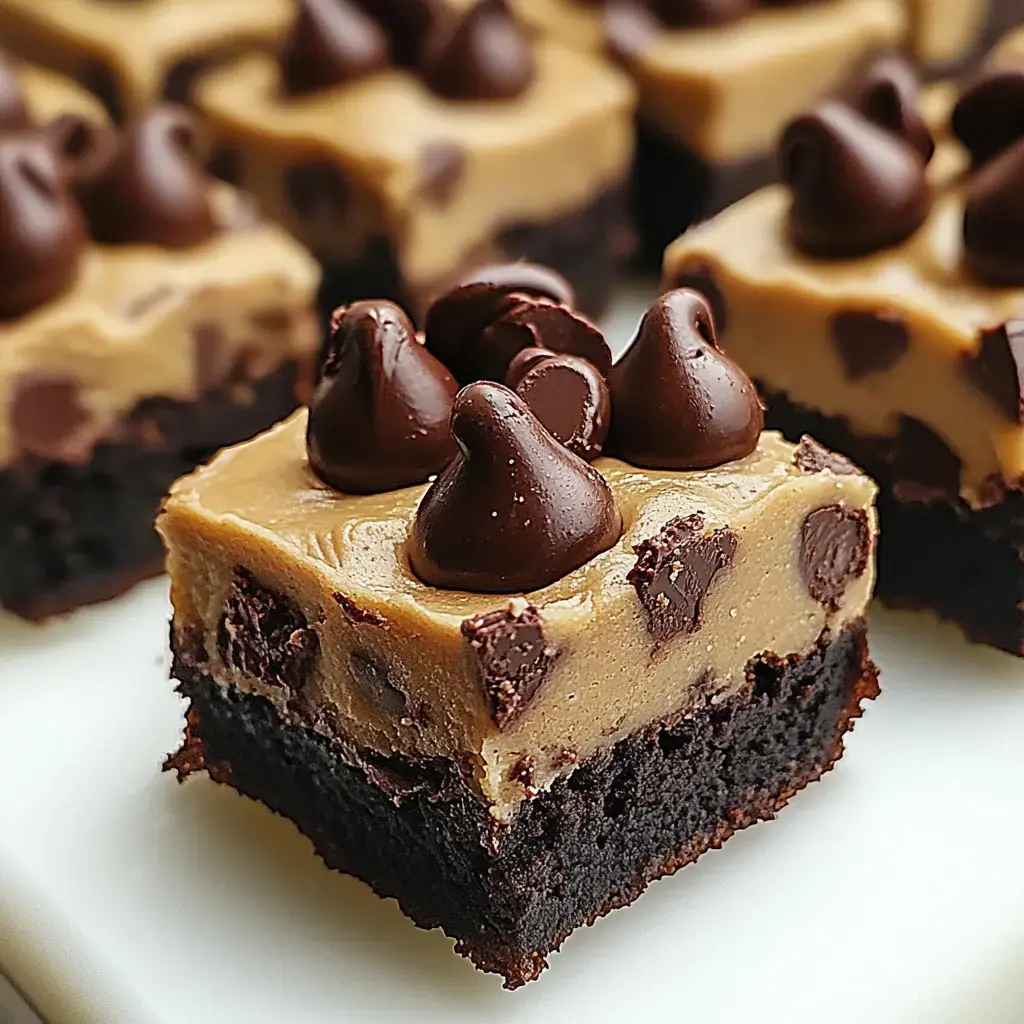 A close-up of a chocolate brownie topped with a layer of cookie dough frosting and chocolate chips.