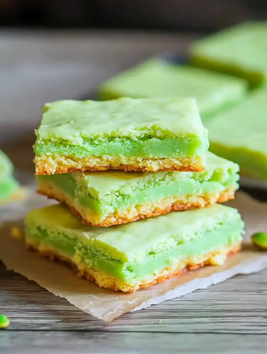 A stack of three green dessert bars with a crumbly golden crust sits on parchment paper.