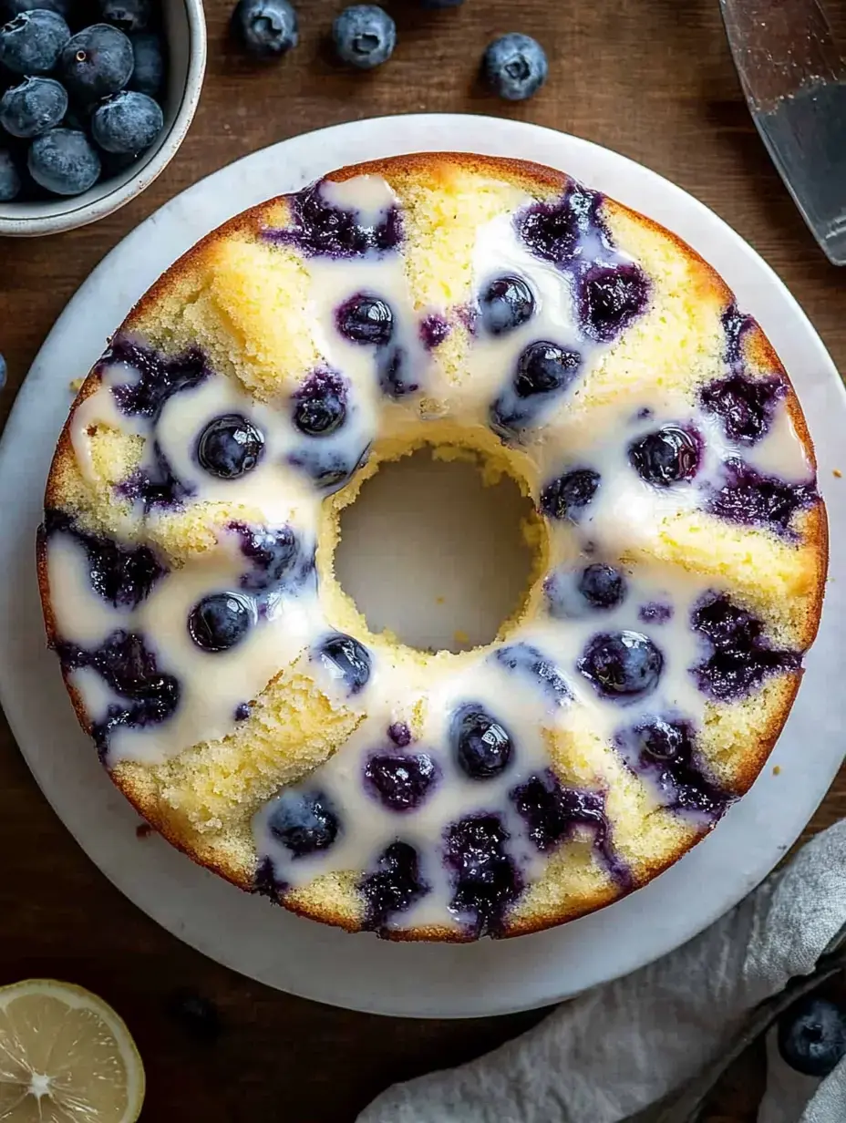 A frosted blueberry bundt cake is displayed on a white plate, surrounded by fresh blueberries and a slice cut out, with a lemon slice partially visible nearby.