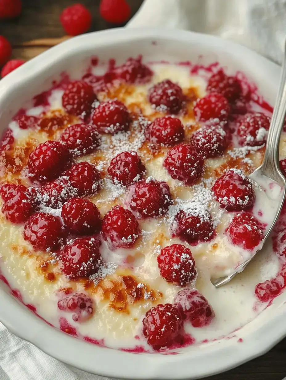 A creamy dessert topped with fresh raspberries and a dusting of powdered sugar, served in a white dish.