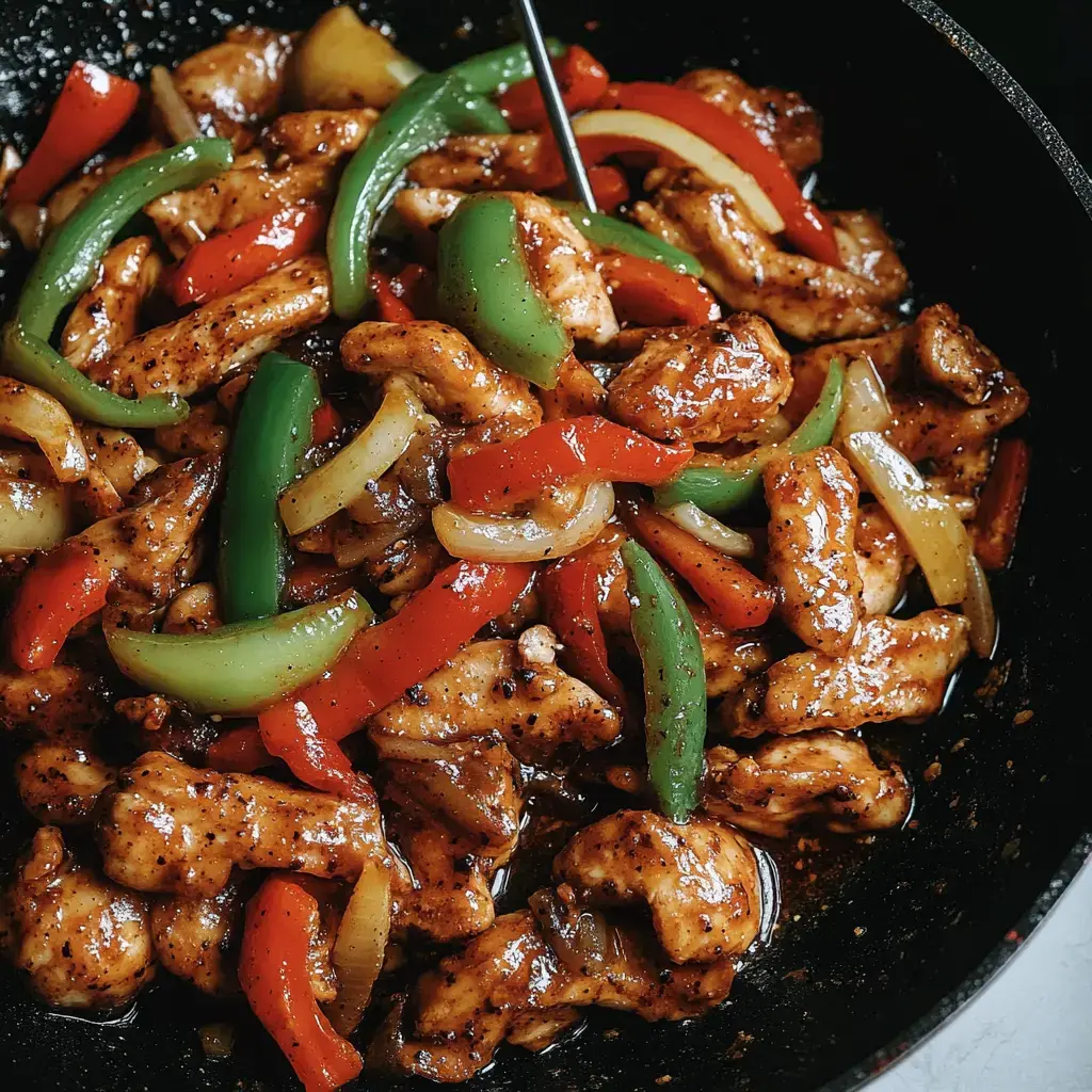 A close-up view of stir-fried chicken pieces mixed with red and green bell peppers and onions in a dark sauce, served in a skillet.