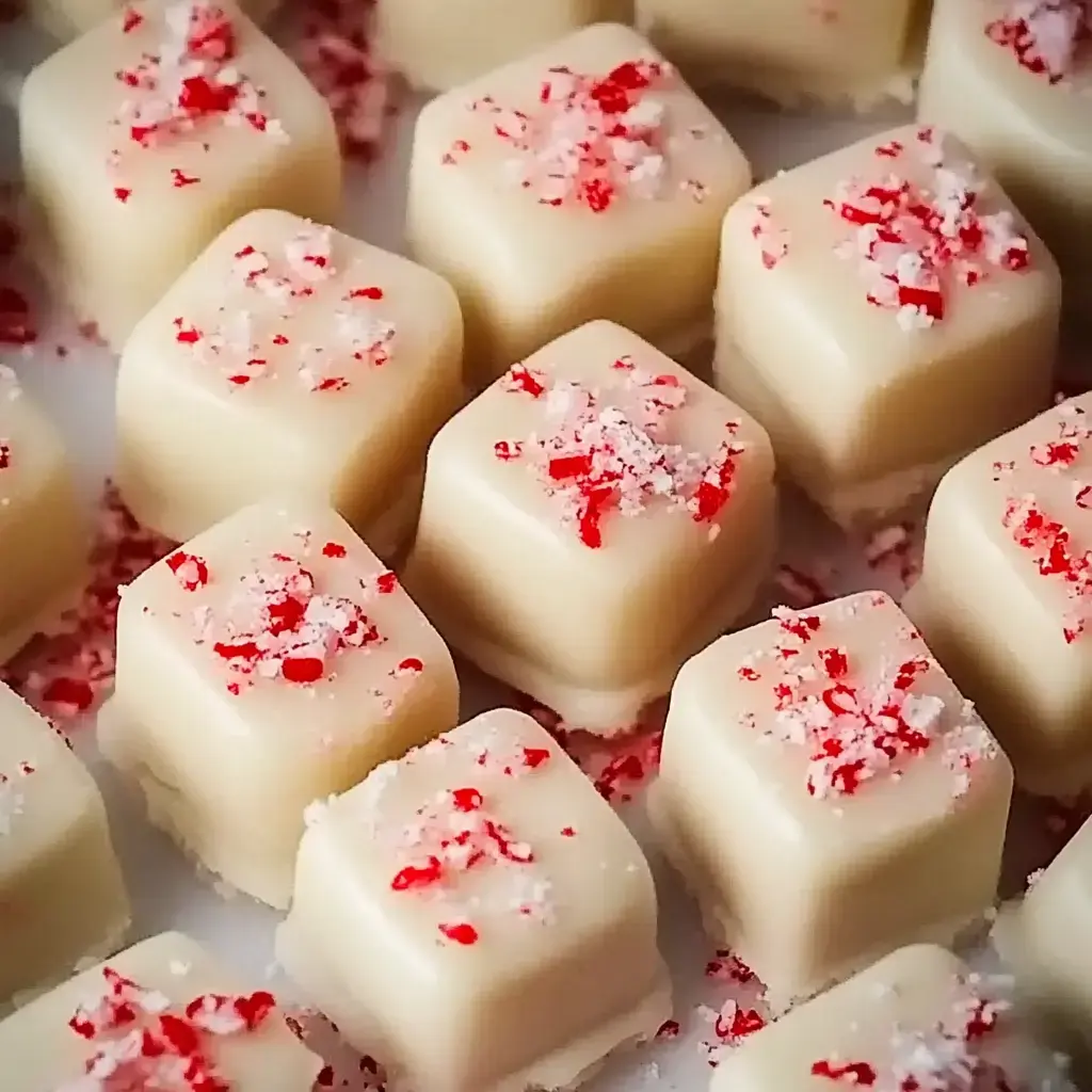 A close-up view of white chocolate squares sprinkled with red peppermint pieces.