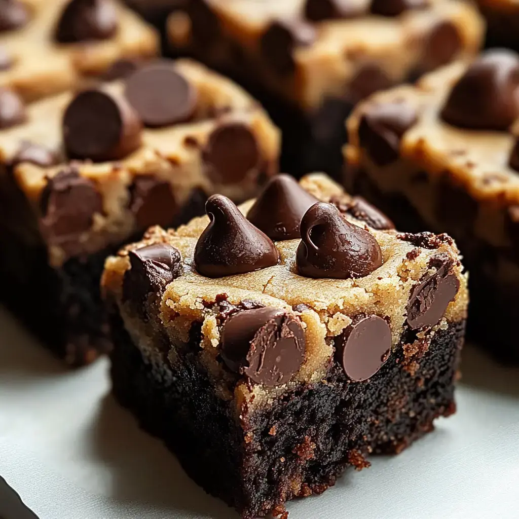 A close-up view of a chocolate brownie topped with cookie dough and chocolate chips.