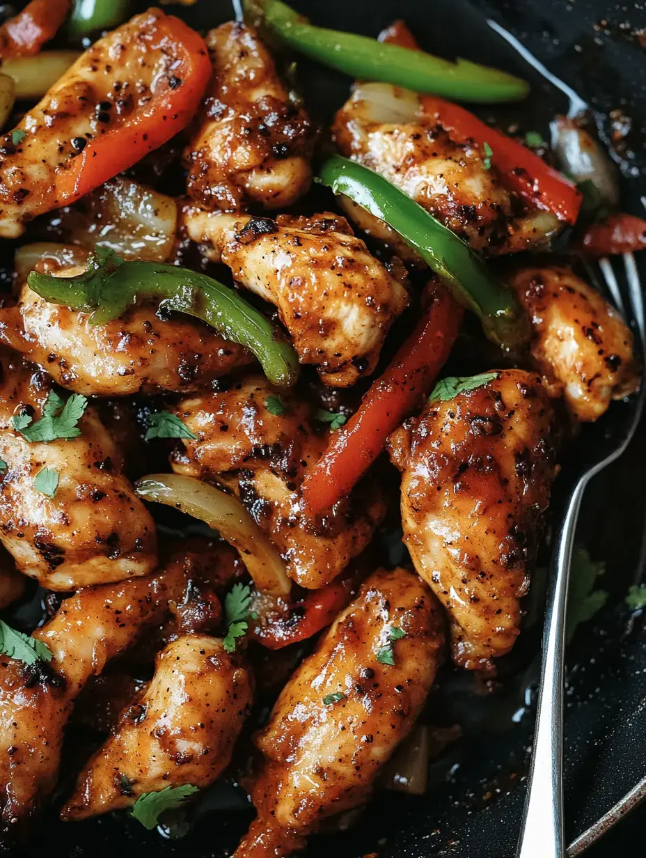 A vibrant dish of cooked chicken pieces mixed with red and green bell peppers garnished with herbs in a dark bowl.