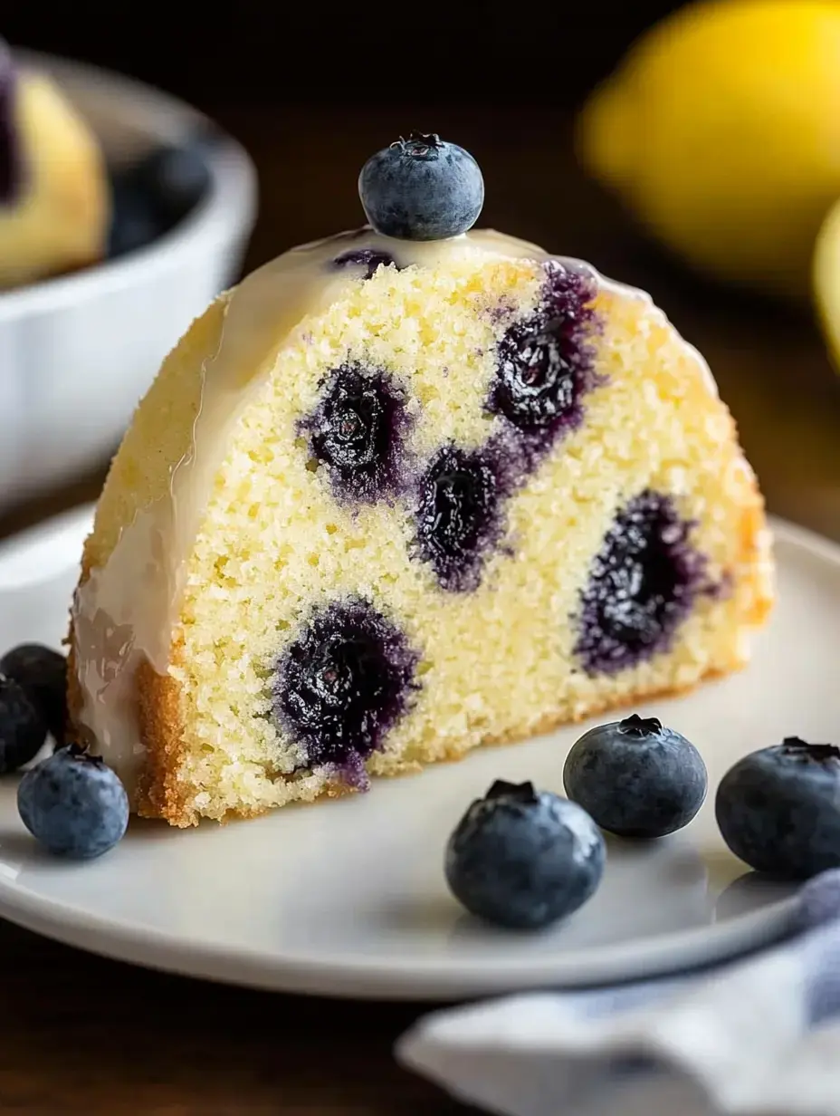 A slice of lemon blueberry bundt cake, topped with a fresh blueberry, sits on a white plate surrounded by additional blueberries.