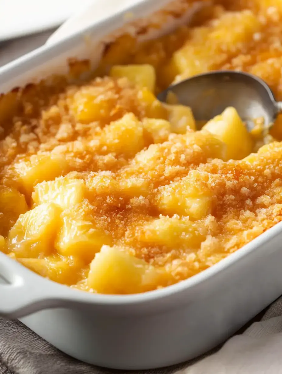 A close-up of a creamy, baked dessert with a crispy topping, showcasing golden chunks of fruit and a spoon resting inside a white dish.