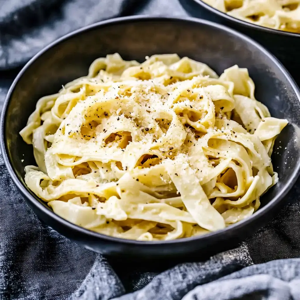 A bowl of fettuccine pasta topped with grated cheese and black pepper.