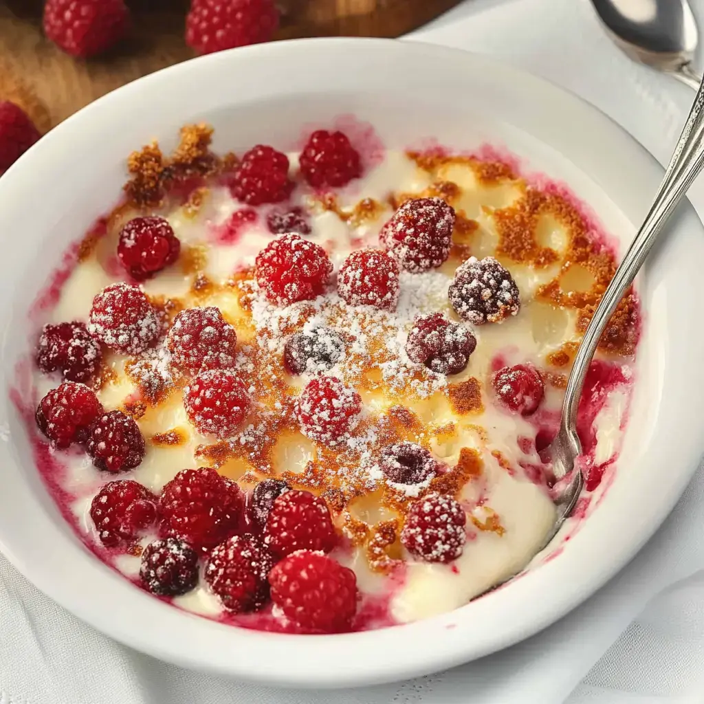 A white bowl filled with creamy dessert topped with fresh raspberries, sprinkled with powdered sugar and crumbs.