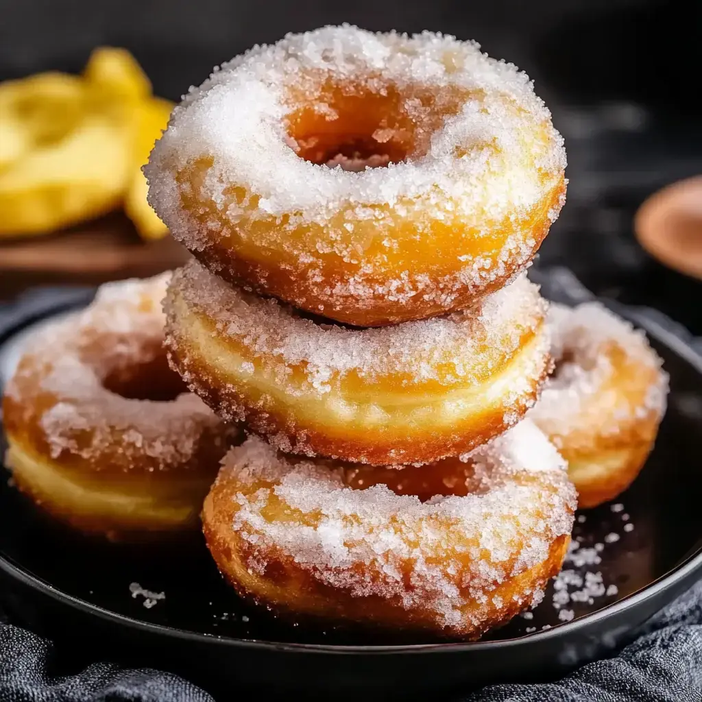 A stack of four sugar-coated donuts sits on a black plate, with a blurred yellow object in the background.