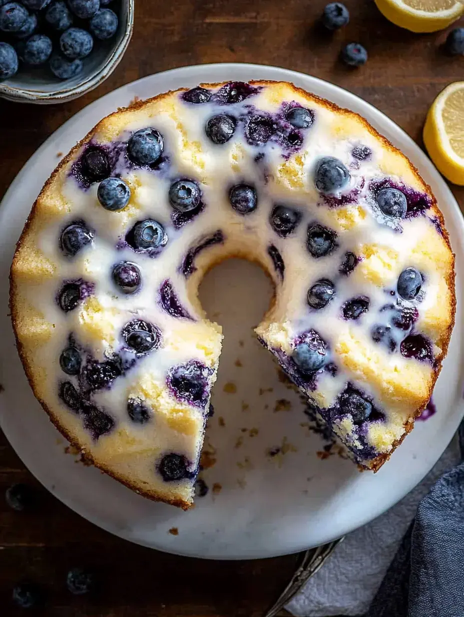 A blueberry cake with a glossy glaze sits on a plate, with a slice missing and fresh blueberries and lemon halves nearby.