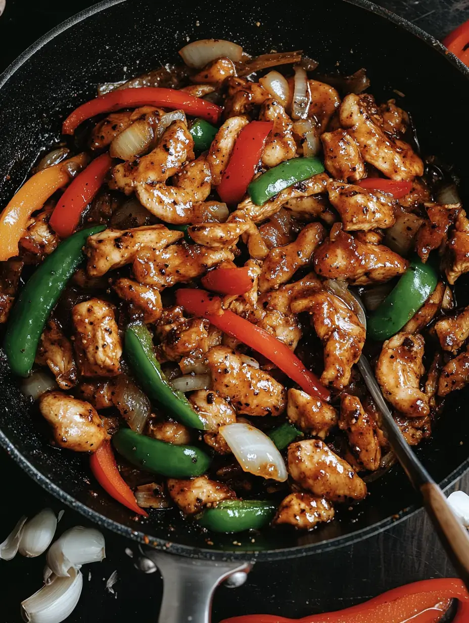 A skillet filled with stir-fried chicken, colorful bell peppers, and onions coated in a glossy sauce.