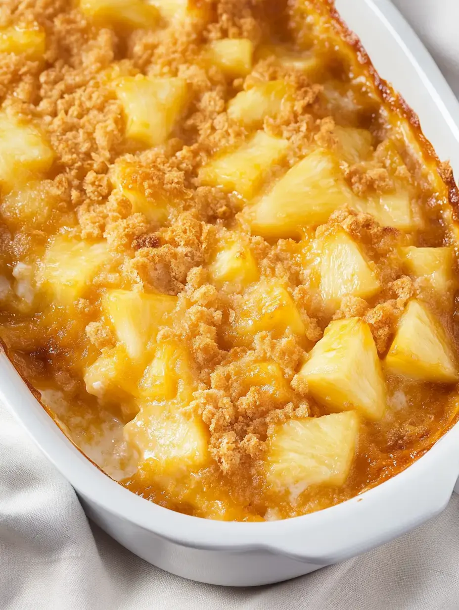 A baked dish featuring chunks of pineapple topped with a golden, crunchy crumb topping.