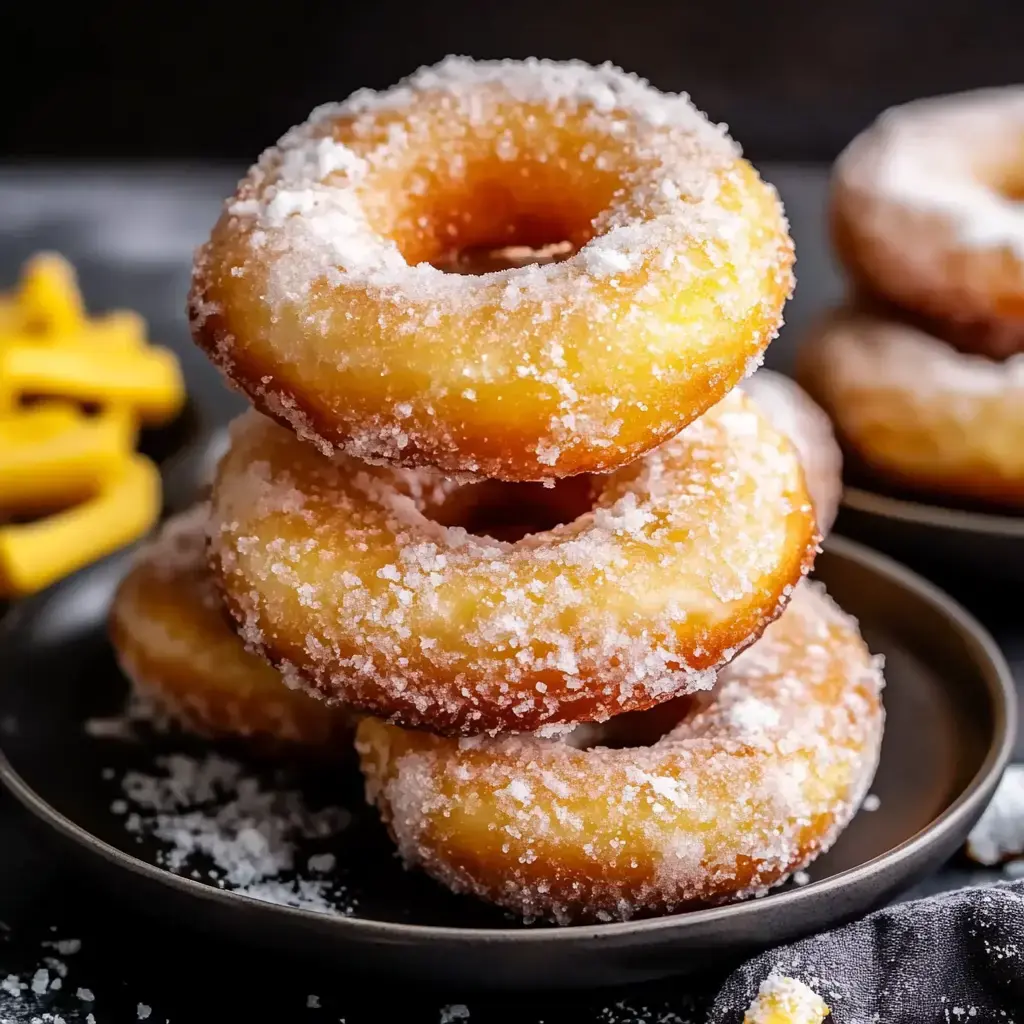 A stack of four sugar-coated donuts on a dark plate, with additional donuts and yellow shapes in the background.