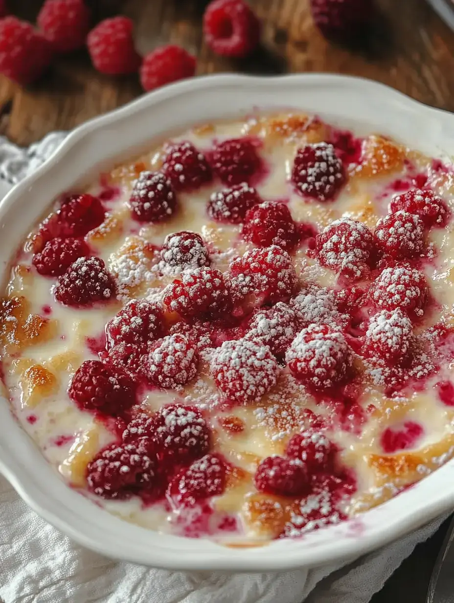 A creamy dessert topped with fresh raspberries and powdered sugar, served in a white dish.