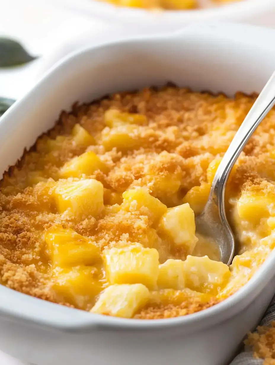 A serving dish of baked pineapple dessert topped with a golden brown crumbly topping and a spoon resting inside.