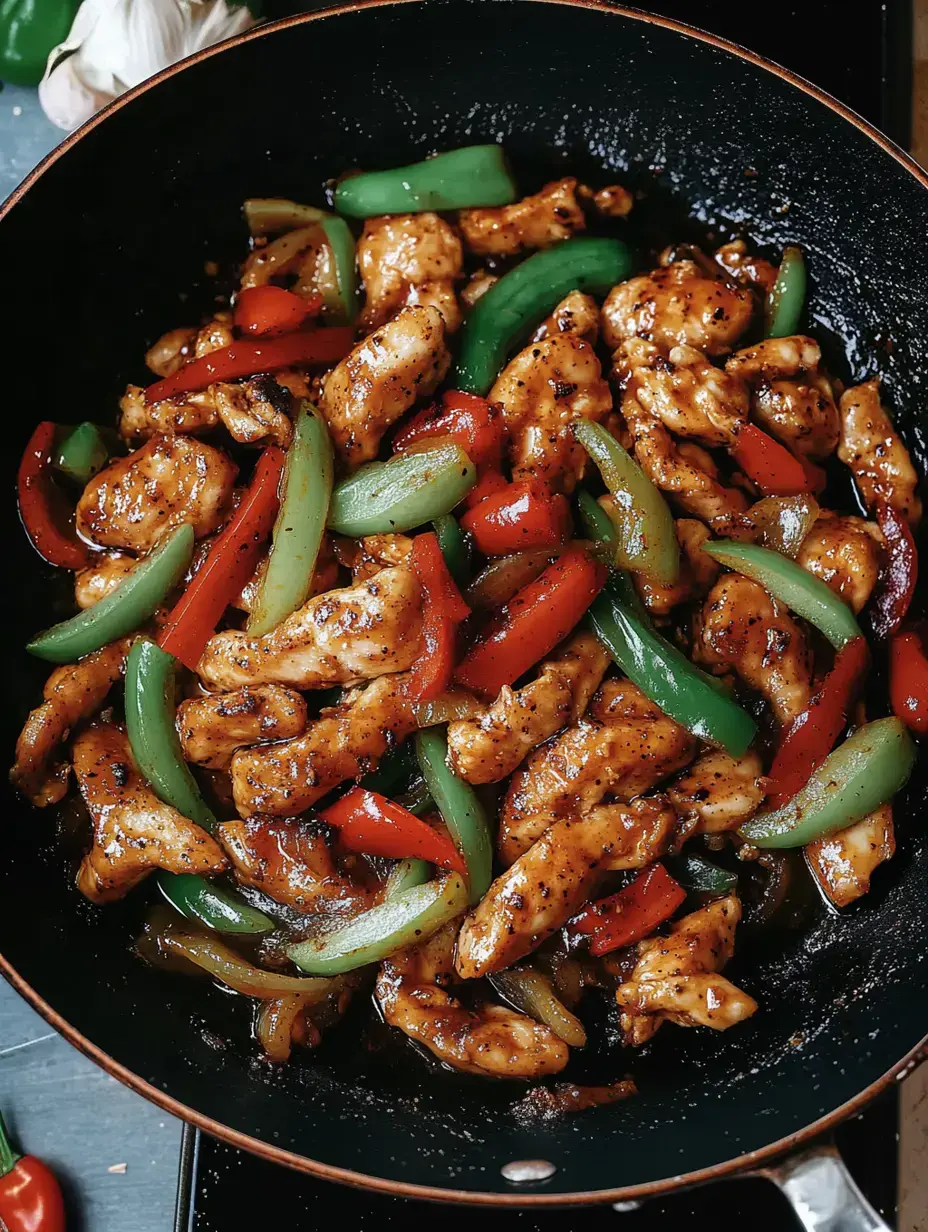 A stir-fried dish featuring sliced chicken and colorful bell peppers in a dark sauce, served in a black skillet.