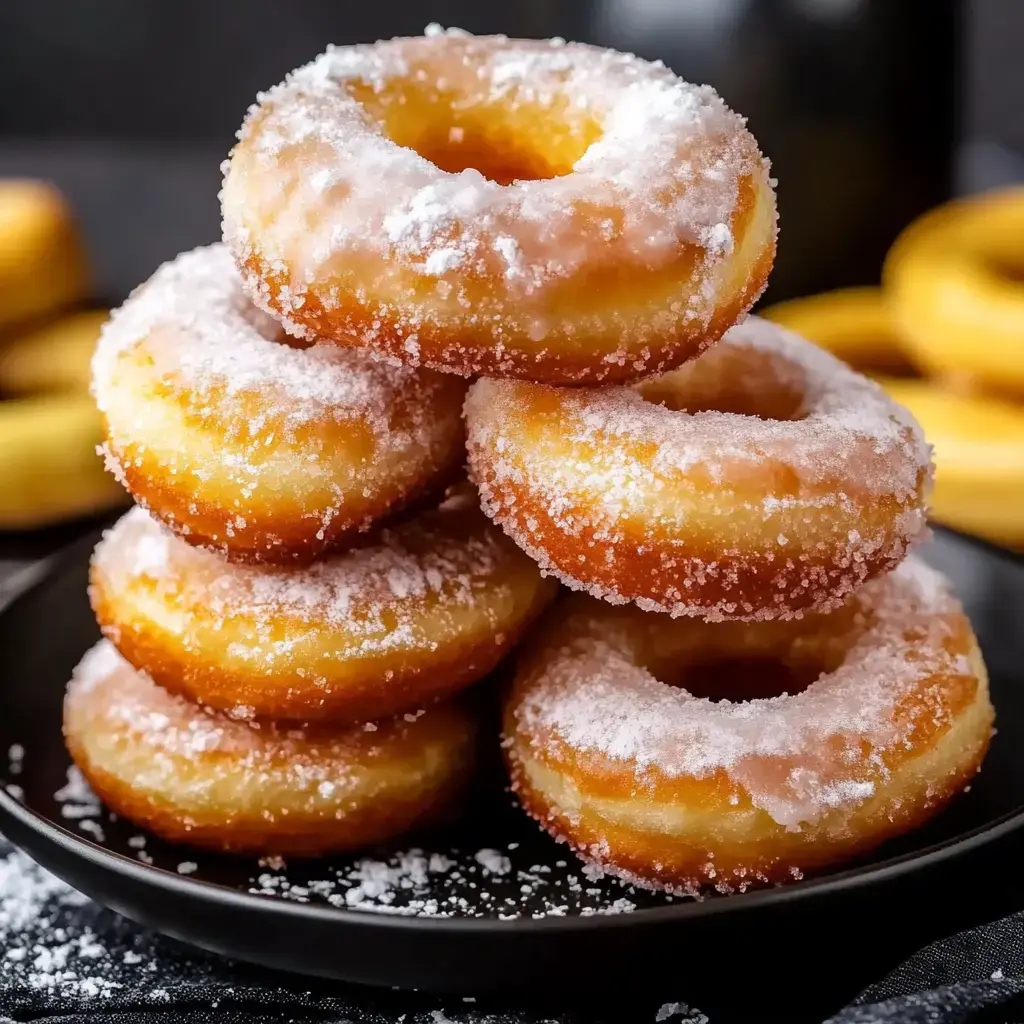 A stack of four glazed doughnuts dusted with powdered sugar on a black plate, with more doughnuts visible in the background.