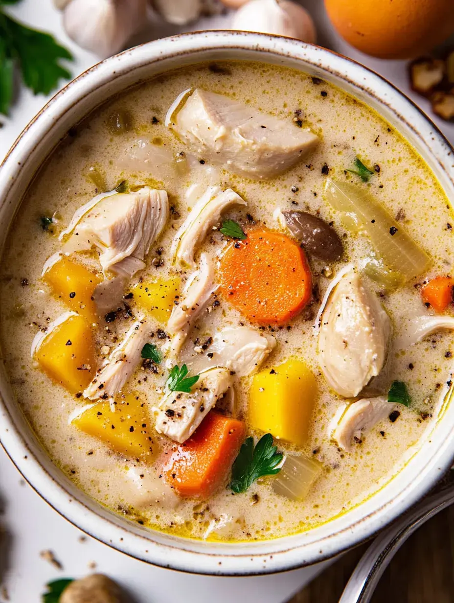 A close-up of a bowl of creamy chicken soup with chunks of chicken, carrots, and yellow squash, garnished with parsley.