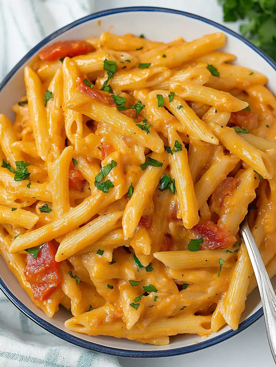 A bowl of creamy penne pasta topped with diced tomatoes and garnished with fresh parsley.