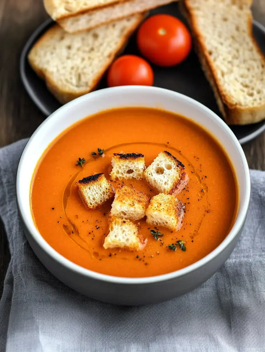 A bowl of creamy tomato soup topped with croutons and drizzled with olive oil, accompanied by slices of bread and cherry tomatoes on the side.