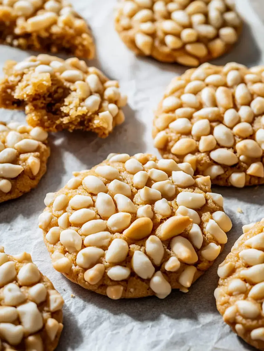 A close-up of golden-brown cookies topped with white pine nuts, arranged on parchment paper, with one cookie partially bitten.