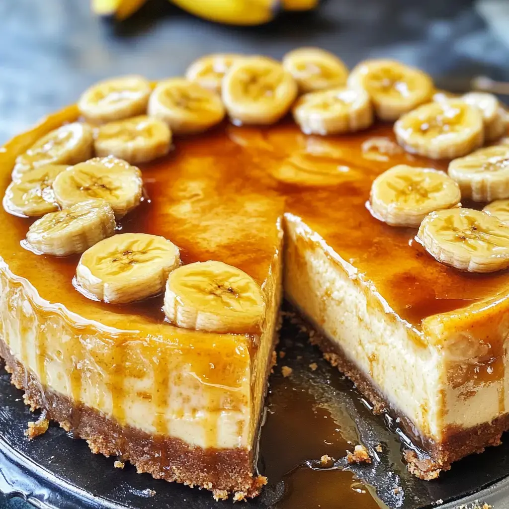 A sliced banana cheesecake topped with caramel sauce and banana slices sits on a black plate.