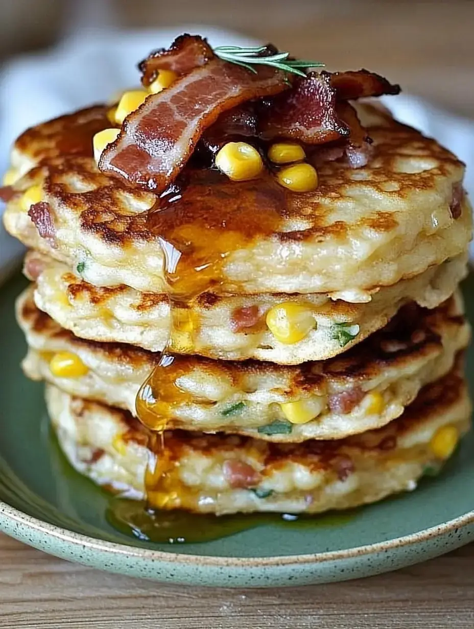 A stack of savory pancakes topped with bacon, corn, and drizzled with syrup, served on a green plate.