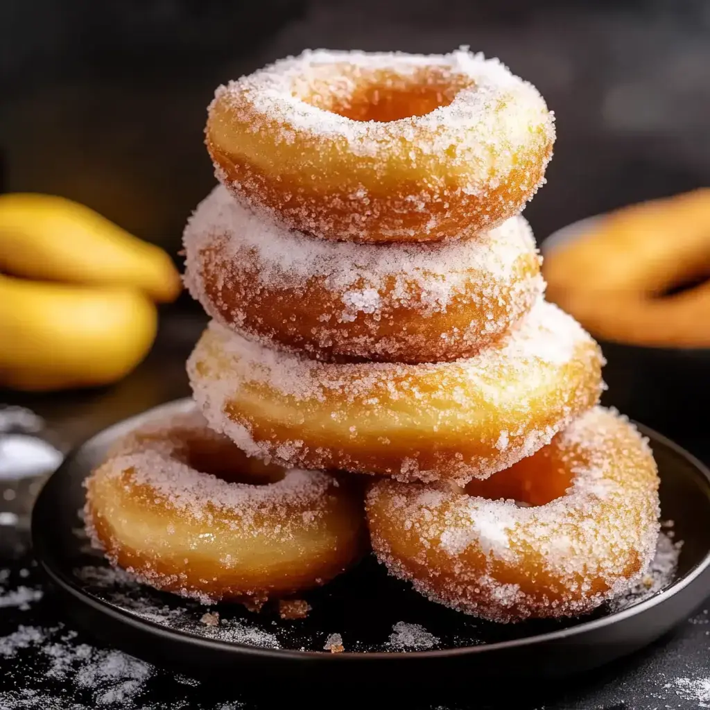 A stack of five glazed donuts coated in sugar sits on a black plate, with additional donuts and yellow fruit blurred in the background.